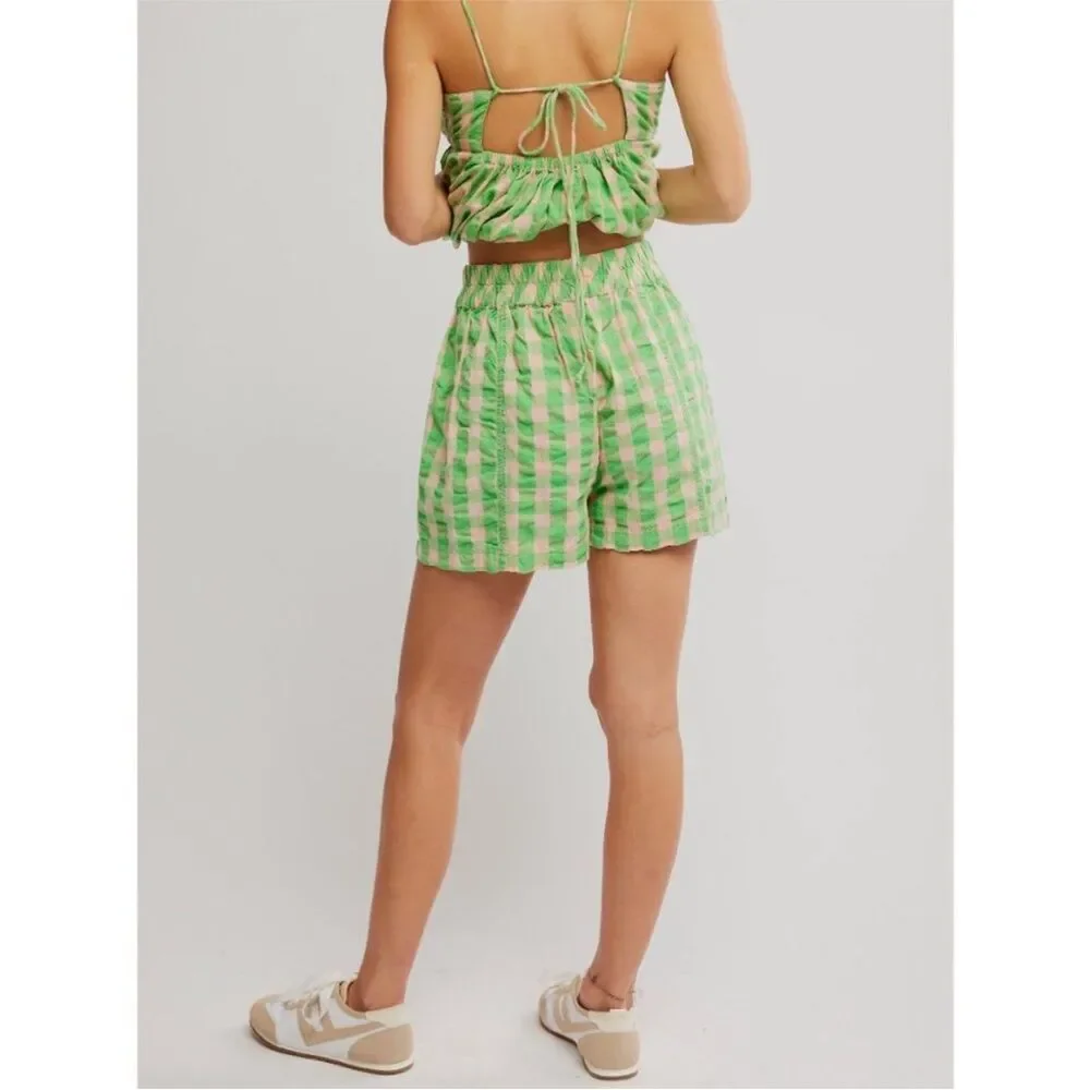 New Free People Get Free Seersucker Green and Pink Checkered pull on Shorts